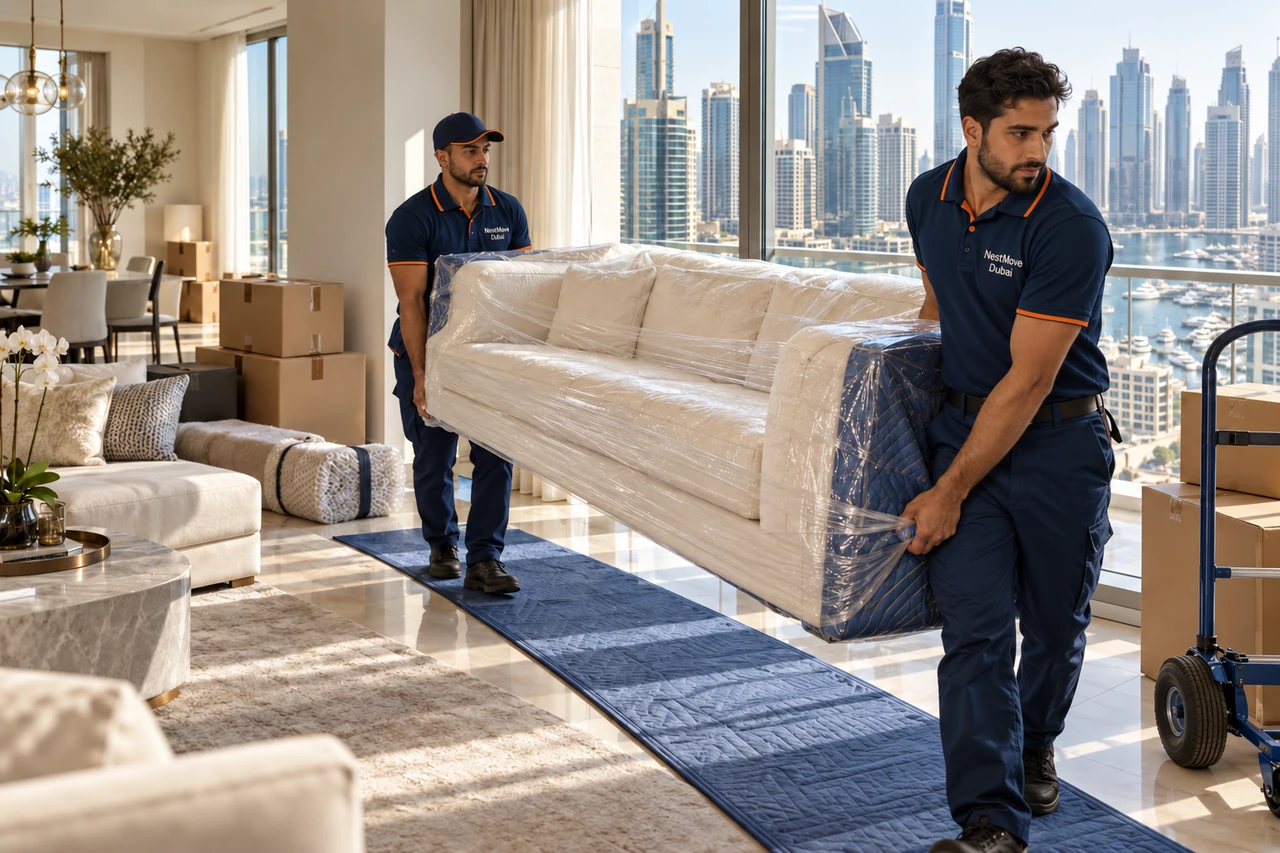 Movers preparing a Dubai apartment relocation